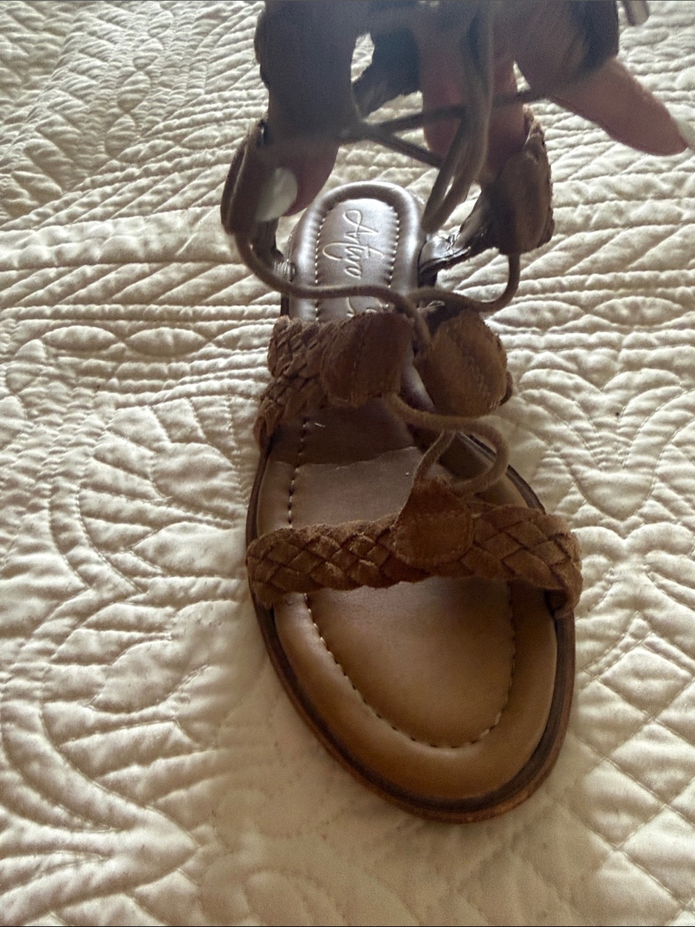 Arturo Chiang Tan Braided Suede  Lace-Up Sandals.   Sz 6